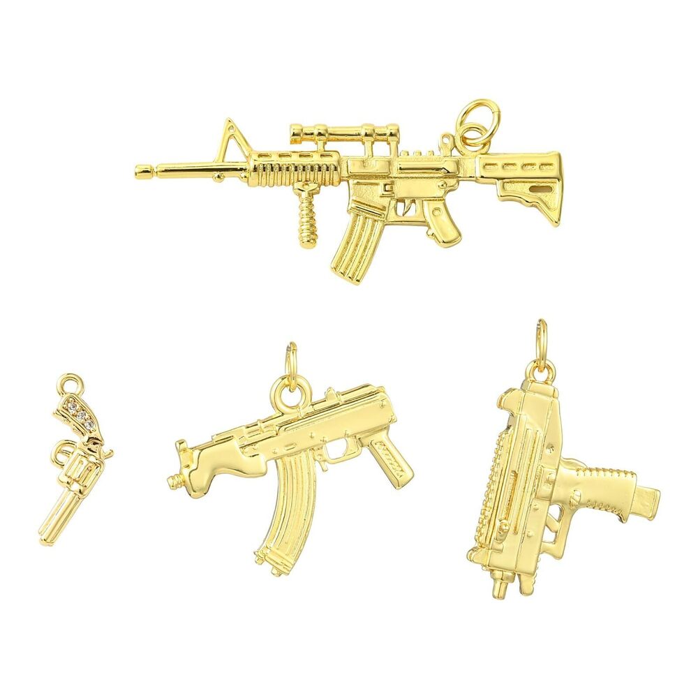 3904 8 Pcs 4 Styles 18K Gold Plated Gun Charms Pistol Cubic Zirconia CZ